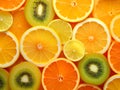 background of cut pieces of orange, lemon, kiwi photo,