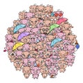 Background with cute baby piglets. Pastel cartoon image kawaii pigs.