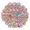 Background with cute baby piglets. Pastel cartoon image kawaii pigs.