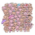 Background with cute baby piglets. Pastel cartoon image kawaii pigs.