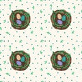 Background of cute nest with eggs. Cute Easter poster of a bird house. Colored beautiful eggs in a wicker basket. Spring