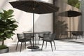background 3d sunlight floor marble white chair umbrella white leg stainless table coffee glass black tree wall concrete polished