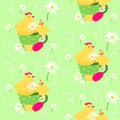 Background with daisy flowers. Seamless pastel spring floral vector pattern with yellow sitting in a cup chicken birds. Royalty Free Stock Photo