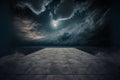 Background of a dark concrete floor, a picturesque night sky, and dramatic clouds Royalty Free Stock Photo