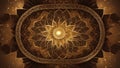 background _A dark gold mandala of sacred geometry on a chocolate brown background. Pentagons, suns,