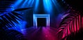 Background of the dark room, tunnel, corridor, neon light, lamps, tropical leaves.