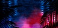 Background of the dark room, tunnel, corridor, neon light, lamps, tropical leaves.