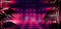 Background of the dark room, tunnel, corridor, neon light, lamps, tropical leaves.