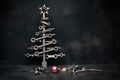 background dark tools repair card greeting year new baubels wrenches made tree Christmas Royalty Free Stock Photo