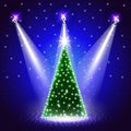 Background with Decorated Christmas Tree under Spotlights