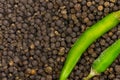 Background decoration two green green chiles corner background black peppercorns copy space Royalty Free Stock Photo