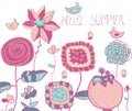 background with decorative flowers and birds and bees and lettering Hello summer