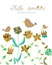 Background with decorative flowers and birds and with lettering Hello summer