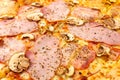 Background with delicious classic italian Pizza with bacon, mushrooms and cheese mozzarella Royalty Free Stock Photo