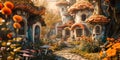 background depicting a charming village of mushroom houses,