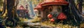 background depicting a charming village of mushroom houses, Royalty Free Stock Photo