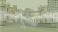 Background of a deserted cartoon old town with creeping fog Royalty Free Stock Photo