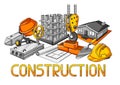Background design with housing construction items. Industrial repair or building symbols.