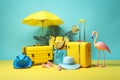 yellow suitcase sunglasses blue background summer flamingo concept travel inflatable vacation. Generative AI. Royalty Free Stock Photo