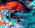 Background design of painted acrylic oil paint fluid liquid color mixture of light blue and dark orange with creativity and Modern