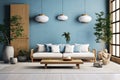 background design wall blue home furniture room modern sofa armchair apartment interior. Generative AI. Royalty Free Stock Photo