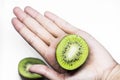 Healthy eating and diet Topic: Human hand holding a half kiwi isolated on a white background in the studio Royalty Free Stock Photo