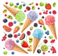 Background of different berries and colorful ice cream Royalty Free Stock Photo