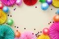 Background with different circle paper and baloons of origami. Birthday, holiday or party background. Flat lay style.