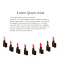 Background with different colors lipstick tube half a little below, Lorem ipsum on white. Decorative cosmetic