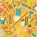 background with different stationery, pens, pencils, notepads on a yellow background, for packaging design