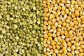 Background with different types of cereals, corn seeds and green peas. Top view. Agriculture concept