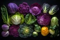 Background of different varieties of cabbage, purple cabbage, green cabbage, broccoli, close up, healthy food, vegetable wallpaper Royalty Free Stock Photo