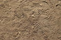 Background of the dirt ground outdoors with shoeprints on the sand under the hot sun
