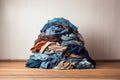 Background dirty modern textile stack laundry blue t-shirt fabric pile colorful clean cloth