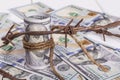 the background of dollars on it is barbed wire. close-up Royalty Free Stock Photo