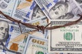 the background of dollars on it is barbed wire. close-up Royalty Free Stock Photo