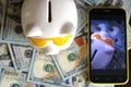 Background dollars money and piggy bank take picture smartphone Royalty Free Stock Photo