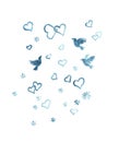 Background doves, hearts, flowers. Set of doves, hearts, flowers blue vintage watercolor illustration on a white background.