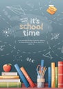 Background with drawings drawn in chalk on a school blackboard. Back to school poster with school items and elements. Royalty Free Stock Photo