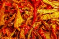 Background of dried organic red capsicum kappia sweet bell pepper chips, paprika and fresh pepper slices. The concept of healthy Royalty Free Stock Photo