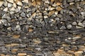 Background of dry chopped firewood laid in a woodpile. Close-up Royalty Free Stock Photo