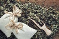 Background of dry medicinal herbs, two sachet bags of aromatic healthy herbs and wooden scoop.