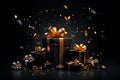 background for e-commerce shop, gifts, competition, rewards, explosion, dark black background , generated by AI