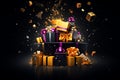 background for e-commerce shop, gifts, competition, rewards, explosion, dark black background , generated by AI