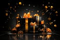 background for e-commerce shop, gifts, competition, rewards, explosion, dark black background , generated by AI