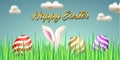 Background with easter motifs with sky and clouds eggs hidden in grass rabbit\'s ear coming out of the grass