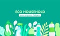 Background with eco friendly household cleaning supplies and leaves. Natural detergents. Products for house washing