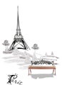 Background with the Eiffel Tower and a bench in the Parisian park.