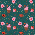 Background with elements of Love. Vector pattern for Valentine's Day. Hearts, bottle, cup, cupcake of Love for textiles. Royalty Free Stock Photo