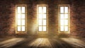 A brick wall in an empty room, large wooden windows, a magical light and the rays of the sun. Royalty Free Stock Photo